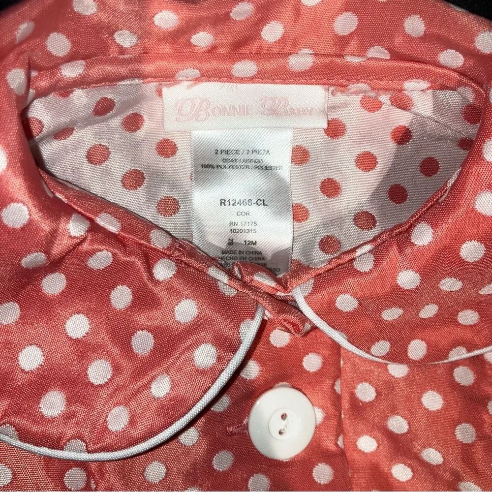 *5 for $25!* Coat Bonnie Baby Coral Pink White Polka Dot Sateen 12M BoW - Picture 6 of 6